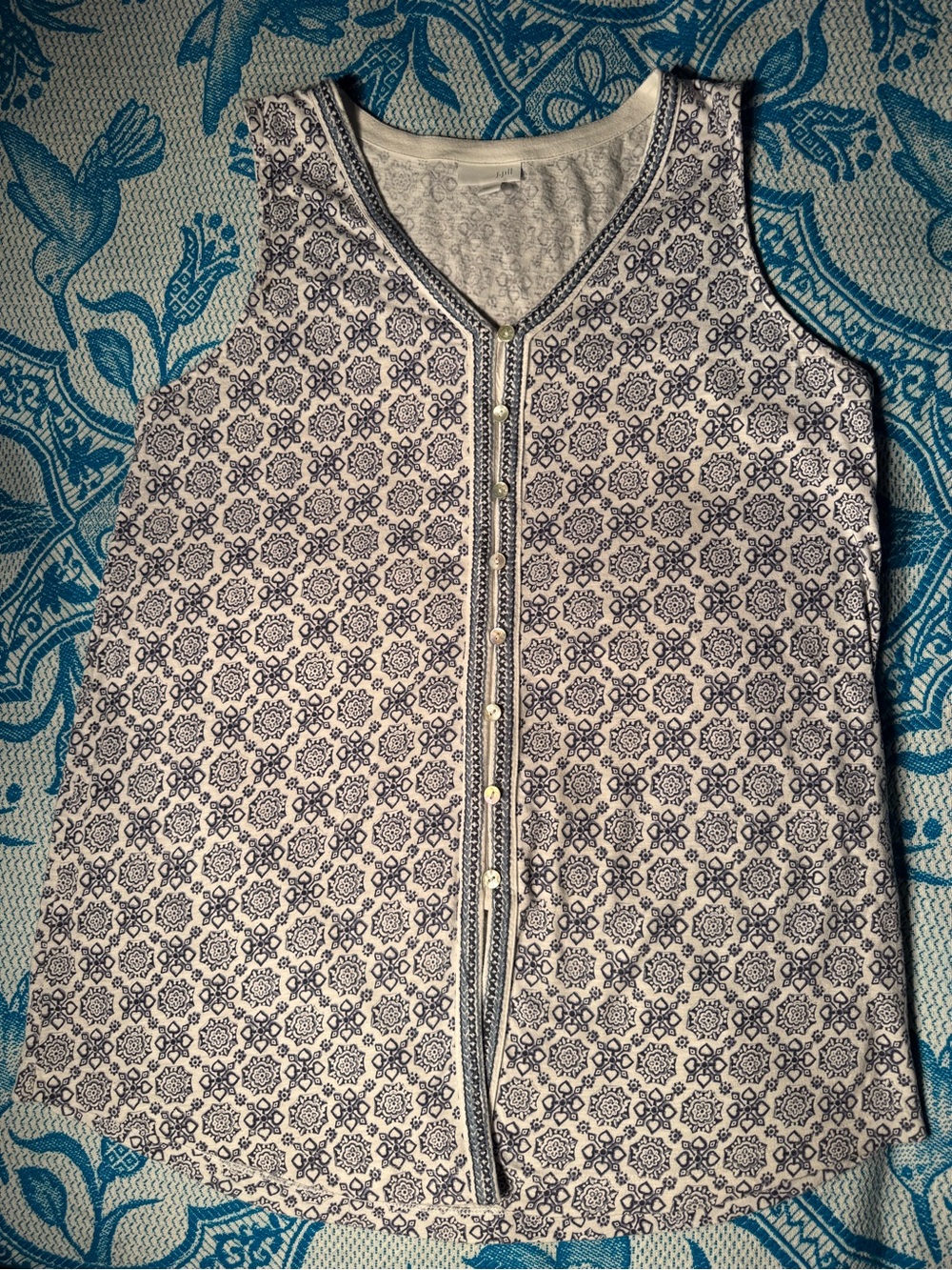 J. Jill Blue & Cream Geometric Medallion Print Sleeveless Henley Top